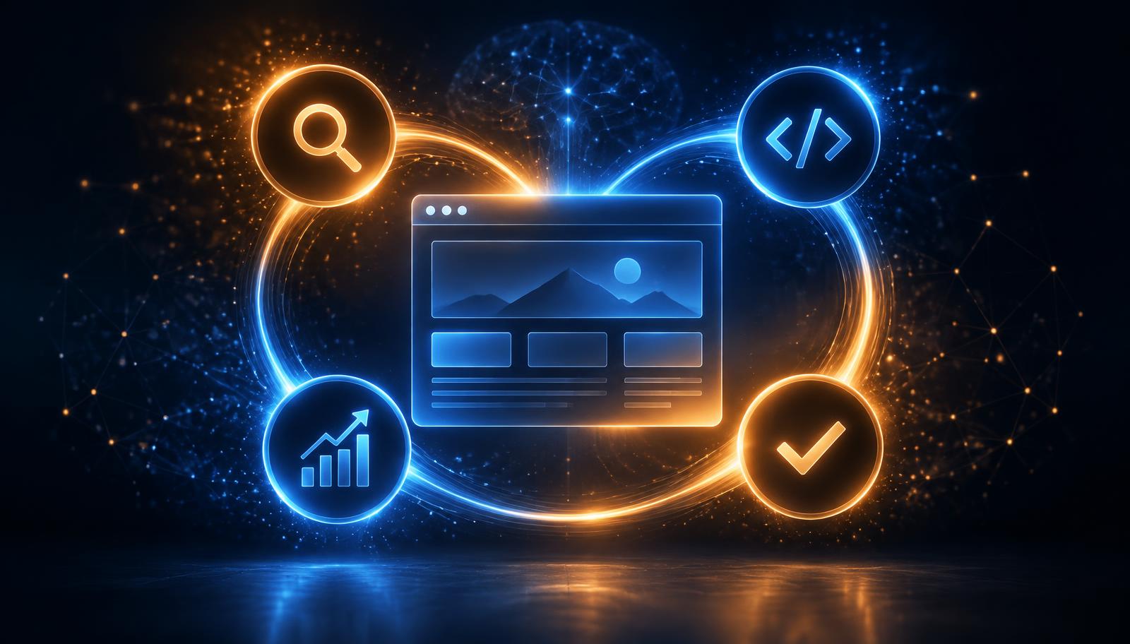 Website at the centre of a glowing loop linking audit, code fixes, verification and tracking icons